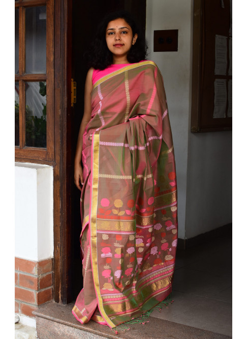 Greenish Pink, Handwoven Organic Cotton, Plain Weave , Jacquard, Work Wear, Jari, Striped Saree